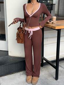MainGRL 2pcs/Set Women Casual Deep V-Neck Long Sleeve T-Shirt And Drawstring Waist Flare Pants,Autume - Rust Brown - View 3
