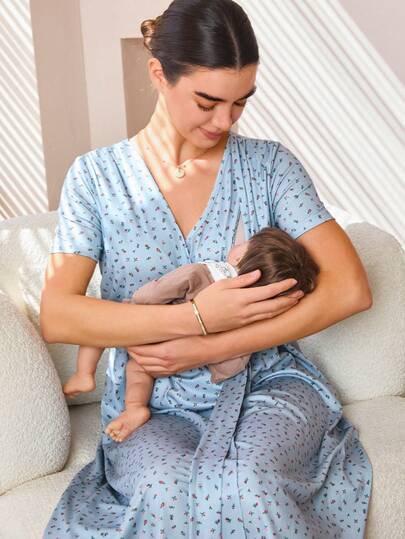 SHEIN Maternity V-Neck Ditsy Floral Tie-Waist Nursing Function Elegant Daily Short Sleeve Dress Lingerie Lingerie Set Underwear Women Pajama Pajama Dress Loungewear Nightgown Robe Sleepwear Sleepwear Set Tank Top With Bra Breastfeeding Clothes Maternity Dress Nursing Dress Floral Dress Wrap Dress