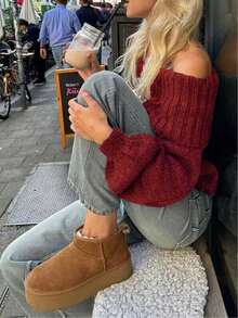 Cévolie 女士休闲纯色翻领露肩灯笼袖宽松毛衣，秋冬 - 酒紅色 - 查看 3