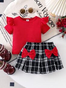 SHEIN Playful Pals 女婴针织短袖圆领T恤和百褶裙套装，时尚夏季女宝宝装扮 - 紅色 - 查看 8