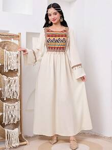 SHEIN Teen Girls' Spring/Summer New Woven Patchwork Print Tassel Casual Long Sleeve Dress, Traditional Robe, Traditional Arabic Clothing, Kaftan, Jalabiya, Abaya Robe, Ramadan, Matching Sisters, Mother-Daughter Matching - Apricot - View 5