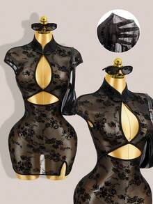 Mistrie Mandarin Collar Short Sleeve Flocked Cheongsam Sexy Elegant Hollow Out Mini Dress