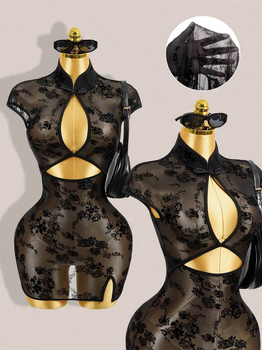 Mistrie Mandarin Collar Short Sleeve Flocked Cheongsam Sexy Elegant Hollow Out Mini Dress