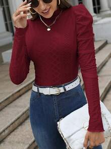 SHEIN Frenchy Solid Color Stand Collar Elegant Fitted Long Sleeve Bodysuit Casual Red - Burgundy - View 5