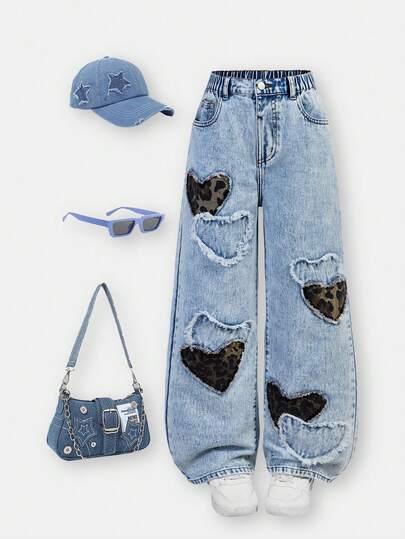 SHEIN ChillGRL Tween Girls Y2K Light Blue Denim + Five-Pointed Star Frayed Patch Embroidery + Straight Loose Fit + Fashionable Streetwear Casual Girls Jeans