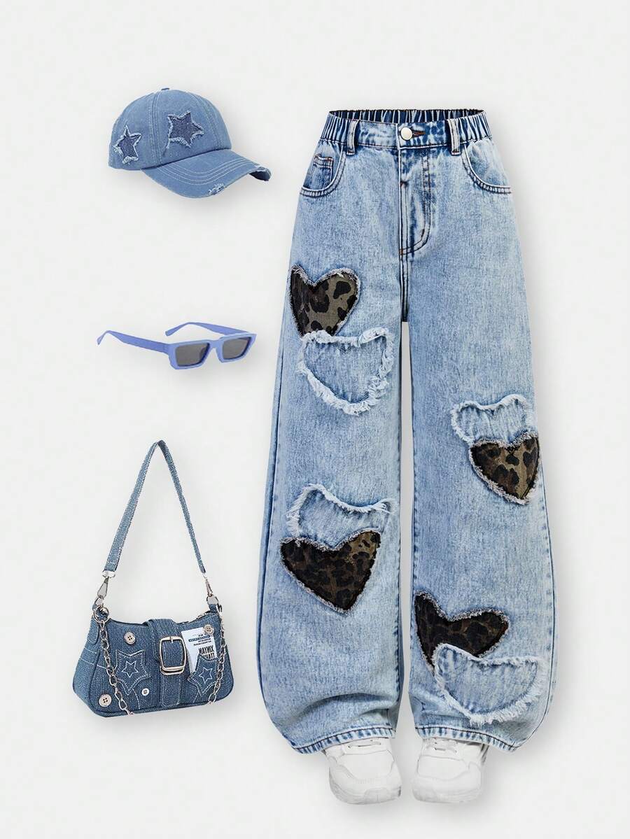 SHEIN ChillGRL Tween Girls Y2K Light Blue Denim + Five-Pointed Star Frayed Patch Embroidery + Straight Loose Fit + Fashionable Streetwear Casual Girls Jeans