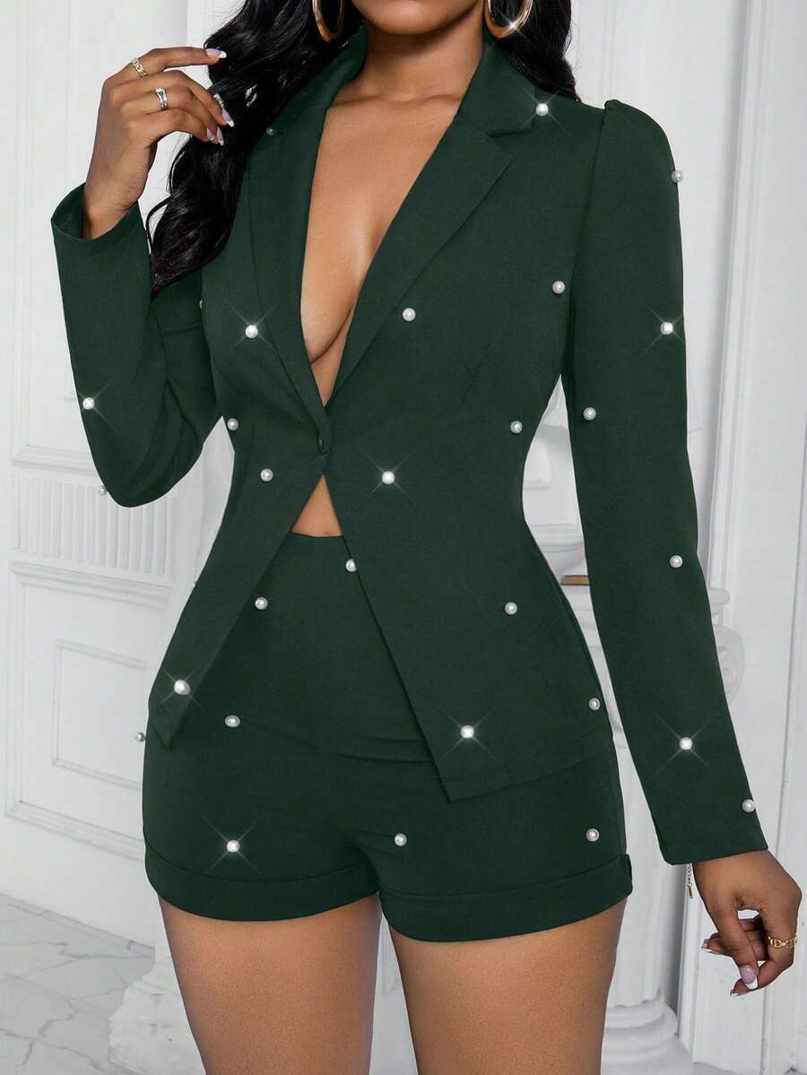 Xyvia 手工串珠开衩设计女士长袖西装外套和短裤性感套装 - 墨綠色 - 查看 1