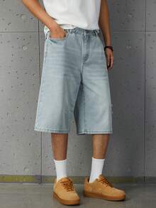 Teen Boys Wide Leg Denim Shorts, Vintage Light Blue Denim Single Piece, Spring/Summer New Arrival, Streetwear Campus Style, Outdoor Casual Fashion, Washed Comfortable Cotton Fabric, Versatile Minimalist Fashion Design, Distressed Ripped Loose Fit, Elastic Waistband, Campus Daily Party Outfit, Wardrobe Essential, Vacation Travel School Commute, New Arrival - Light Wash - View 6