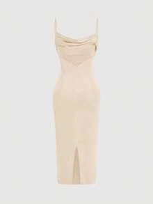 SHEIN Belle Burgundy Red Draped Front Split Back Cami Bridesmaid Dress - Champagne - View 2