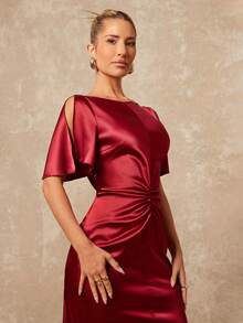Lumalex Early Satin Sheen V-Neck Ruffle Hem Short Sleeve Gathered Straight Dress For Women Luxury NewYearNewLook QuietLuxe Prom Gathering Party Banquet Modest Old Money Glitter Holiday Party Rave Festival Outing Vacation Hot Outdoor Richly Layered Wedding Season Banquet ID Al-Adha Al-Adha Party New Year Looks Of Party Party Dress For Autumn Rehearsal Dinner Dress Regular Size Women Dress Reception Gown Elegant Dresses For Ladies Special Occasion Women Dress Formal - Red - View 5