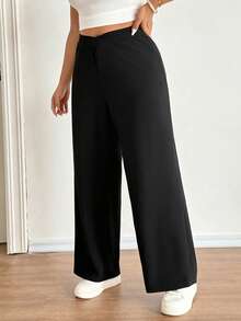 Lounesse Pantalones casuales de pierna ancha con cintura asimétrica de unicolor para mujer de talla grande - Negro - Ver 5