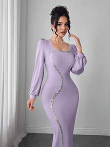 Modelyn 女士方领串珠边饰长袖连衣裙 - 淡紫色 - 查看 2