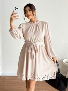 Lounesse Plus Size Waist Cinched Long Sleeve Dress, Apricot Color, Hollow-Out Hem Design, Versatile For Daily Wear And Commute Romantic Valentine Outfits For Women Spring Outfit Women, Spring Dress, Spring Break Outfits Dress Creme Dress Beige Dresses Women - Apricot - View 6