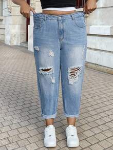 Dripcurv Spodnie jeansowe Plus Size Slim Fit Ripped Tapered, niebieskie, luźne, z rozdarciami i zwężanymi nogawkami, długość 7/8, dżinsy z wysokim stanem i podwiniętym dołem, na koncert country / rave / festiwal rave / Nashville / Ibiza, eleganckie, boho / bohemia / boho; kowbojka / kowboj, brunch, prezent na Dzień Matki