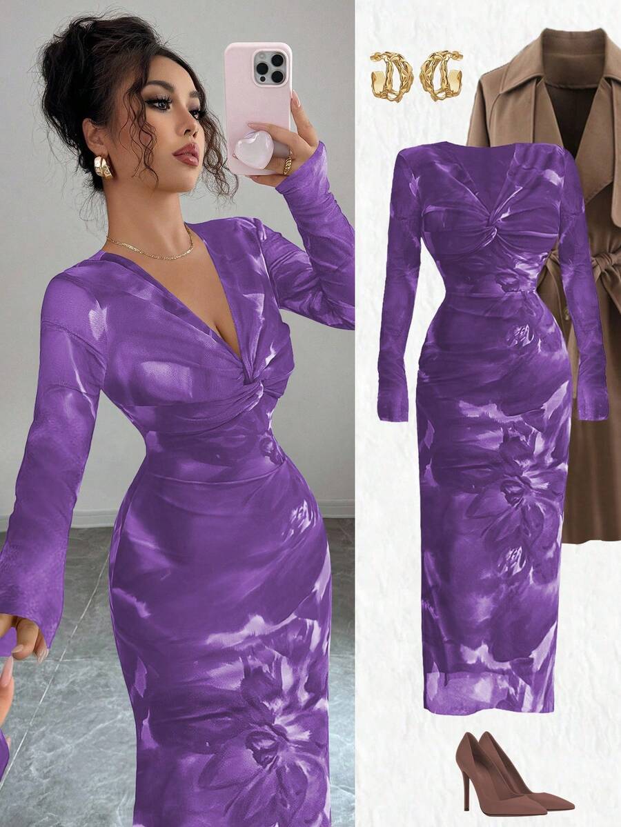Elenzga Women's Elastic Mesh Floral Pattern Dress, Chic And Feminine Design With Criss-Cross Twist V-Neck, Bodycon Silhouette And Slit, Suitable For Daily Commute, Dates, Parties And Gatherings - Purple - View 1
