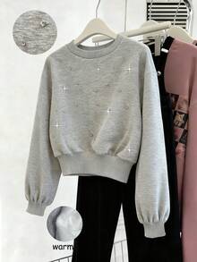 Franclia Ribbed Rhinestone Embellished Loose Cropped Women Sweatshirt - Grey - View 1