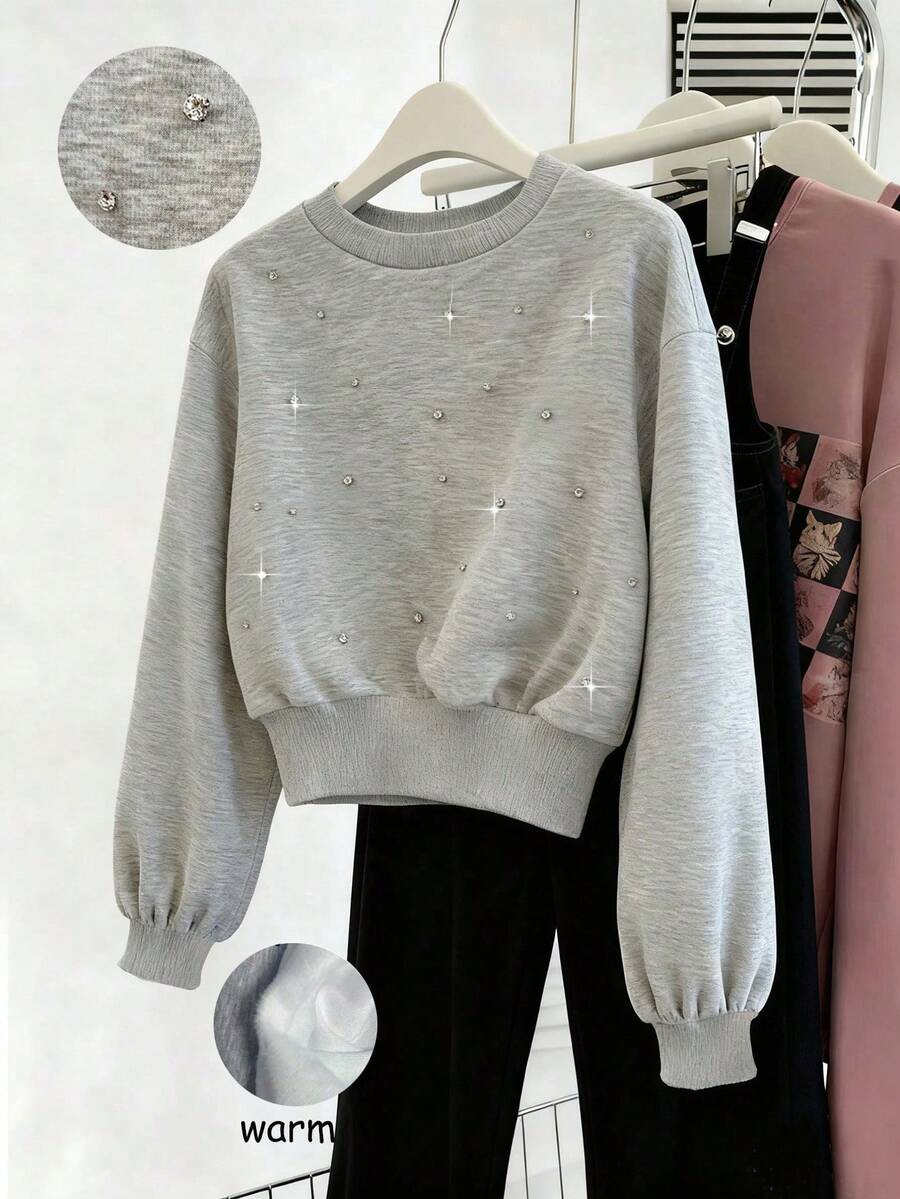 Franclia Ribbed Rhinestone Embellished Loose Cropped Women Sweatshirt - Grey - View 1