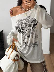 Coolane 女士春季哥特颓废风 Y2K 丘比特图案舒适不对称领口露肩长袖T恤，X Rafael Machado - 白色 - 查看 3