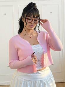 CovetEZ 大码轻薄针织空调开衫女秋冬装 - 粉色 - 查看 4