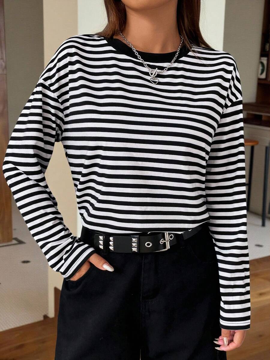 SHEIN EZwear Striped Print Drop Shoulder Tee