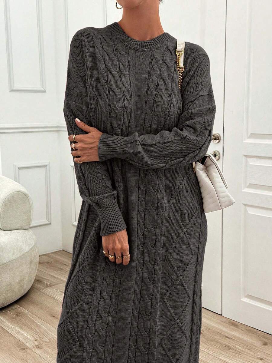 EURMUSE Autumn/Winter Casual Solid Color Lantern Sleeve Dropped Shoulder Loose Long Sweater Dress - Dark Grey - View 1