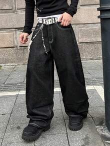 Manfinity EMRG 休闲宽松阔腿牛仔裤，后袋饰有星星和字母刺绣图案 - 黑色 - 查看 6