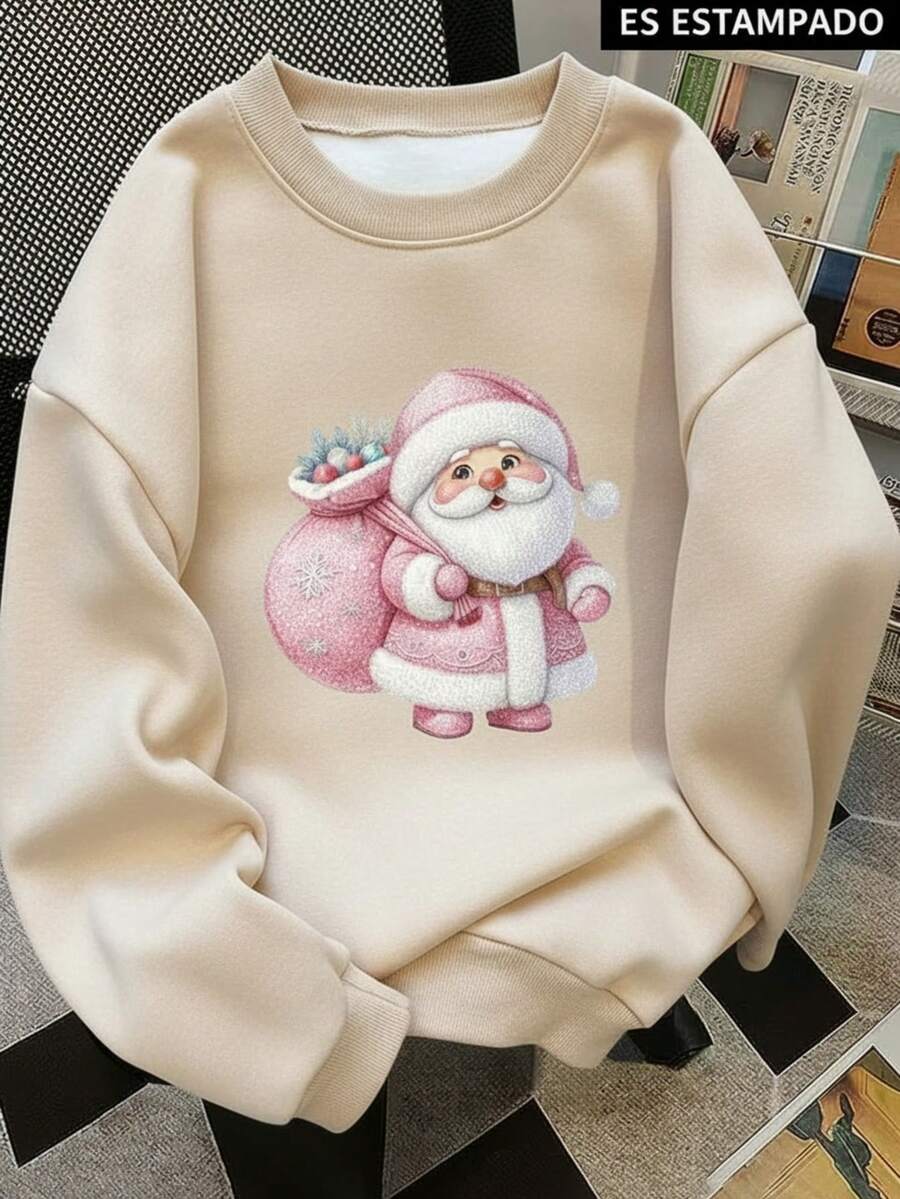 Sudadera Mujer Estilo Casual Navidad Estampado Papá Noel Diseño Creativo Suelta Cuello Redondo Manga Larga Invierno Fiesta Sudadera - Beis - Ver 1