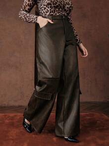 Anewsta Quần ống rộng bằng da PU dành cho nữ, dáng rộng thoải mái, phong cách cổ điển thanh lịch, đa năng, cỡ lớn, thích hợp cho mùa thu/đông. - màu nâu - Xem 3