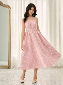 Vestido midi de línea A con bajo asimétrico y textura de tela jacquard, adecuado para bodas, bailes de graduación, fiestas de cumpleaños, aniversarios, Día de San Valentín - Rosa - Ver 3