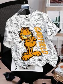 GARFIELD | SHEIN 女士休闲猫咪印花圆领短袖T恤，夏季 - 白色 - 查看 1