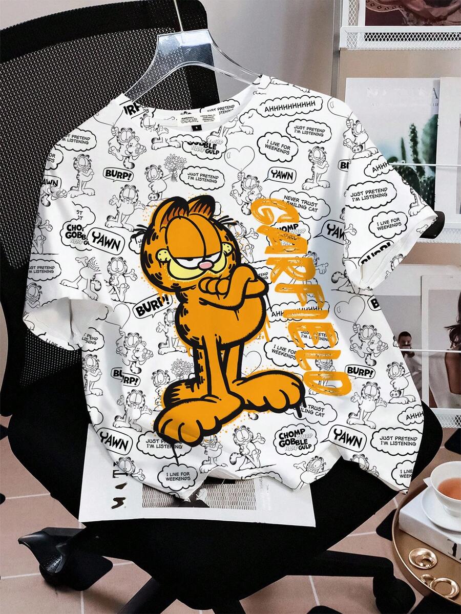 GARFIELD | SHEIN 女士休闲猫咪印花圆领短袖T恤，夏季 - 白色 - 查看 1