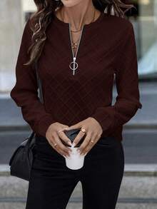 EMERY ROSE Women's Knitted Textured Front Zip Round Neck Sweatshirt In White,Fall,Fall Clothes For Women - Red - View 4