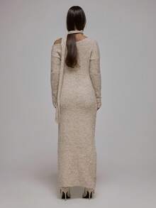 MUSERA 单肩长袖蓬松针织修身长款连衣裙，围巾细节设计，秋冬街头风酷女孩Y2K日常休闲复古风 - 杏色 - 查看 2