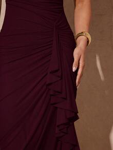 Silquee Elegant Sage Green Romantic Ruffle Sleeve High Slit Dress, Lace Bodycon Party Dress For Women, Suitable For Valentine's Day, Date, Wedding, Prom - Maroon - View 5