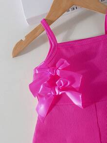 SHEIN Baby Girls' Casual Sleeveless Elastic Ribbed Fabric Bow Decor Romper, Short Style, Pink, Summer - Hot Pink - View 4