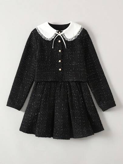 Ontre 青少年女孩提花针织黑白撞色彼得潘领开衫和百褶裙休闲两件套