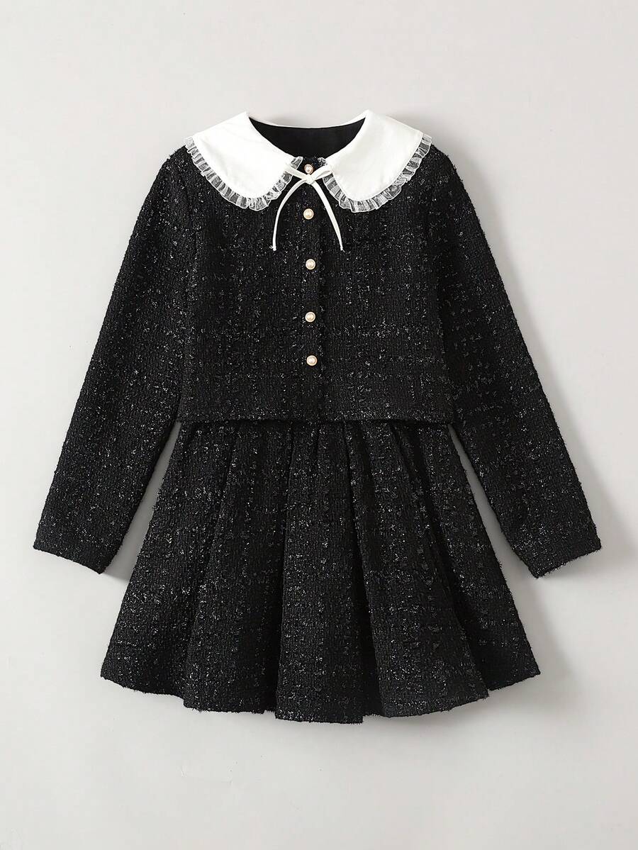 Ontre 青少年女孩提花针织黑白撞色彼得潘领开衫和百褶裙休闲两件套 - 黑與白 - 查看 1