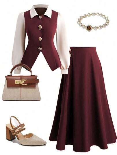 Rometta Plus Size Women 2-Piece Set: Elegant Commuter Long Sleeve 2 In 1 Top And A-Line Skirt Set With Decorative Large Buttons, Suitable For Spring, Summer, Autumn And Winter