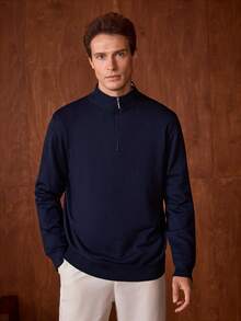 VeloEdit Men's Solid Color Long Sleeve Casual Zip-Up Stand Collar Sweater, Autumn/Winter Fall Winter - Navy Blue - View 7