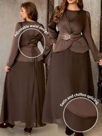 Roveilla Plusstorlek Dam Satin Patchwork Chiffongfodrad Rund halsringning Framtill Plisserad Twist Fåll Böjd Fåll Chiffong A-linje Rygglös Knytsel Långärmad Maxiklänning, Elegant Vintage Street Style, Sofistikerad Mellanöstern Design, Lämplig för Halloween, Jul, Thanksgiving, Nyår, Afternoon Tea Party, Höst/Vinter