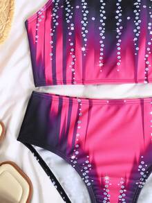 SHEIN Tween Girls' Casual Tie-Dye Faux Sequins Print Camisole & Triangle Bikini Swimsuit Set, Suitable For Summer - Hot Pink - View 5