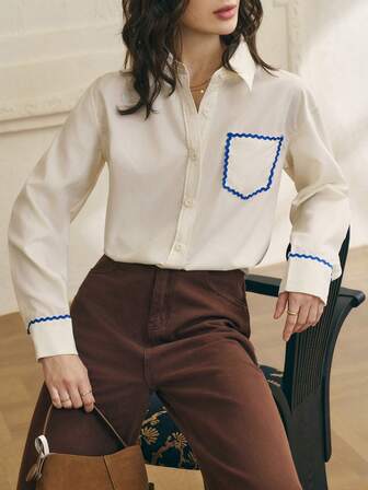 Cévolie 女士长袖单排扣休闲口袋通勤衬衫