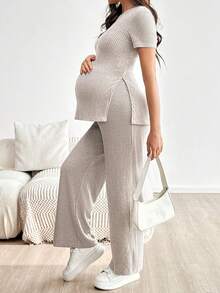 SHEIN 两件套孕妇休闲短袖上衣和裤子 - 卡其色 - 查看 6