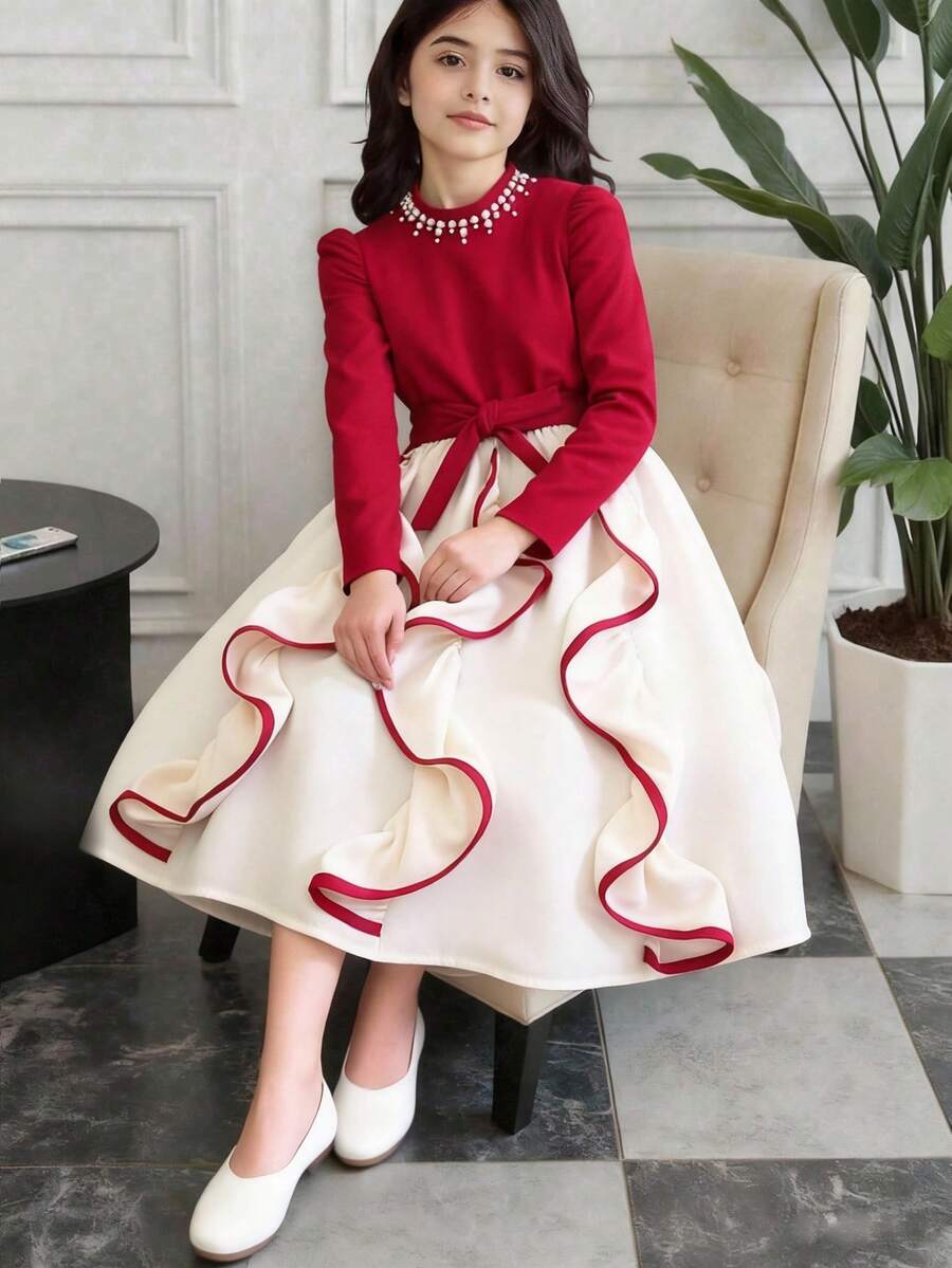 SHEIN Teen Girls' Fashion Party Gigot Sleeve Faux Pearl Bow Decor Dress - Multicolor - View 1