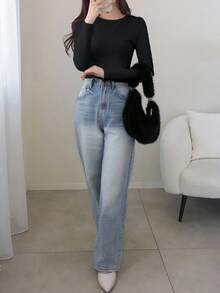 FRIFUL Women's Casual Everyday Commute Simple Solid Color Thermal Lined Long Sleeve Fitted T-Shirt, Autumn/Winter - Black - View 2