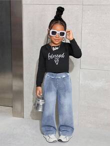 Pantalones sueltos de punto vaquero azul para niña joven