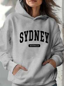 Sudadera para Mujer Estilo Universitario, Letras SYDNEY Australia, Tejido Grueso y Suave, Gris Jaspe, Diseño Holgado, Capucha, Manga Larga, Otoño Invierno, Diario Casual Juvenil, Hoodie - Cáñamo gris - Ver 1