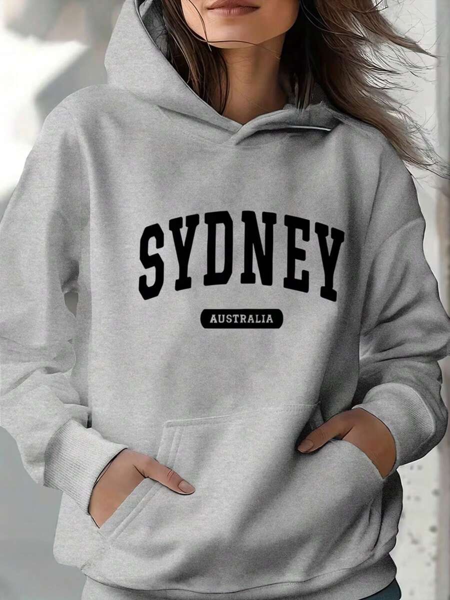 Sudadera para Mujer Estilo Universitario, Letras SYDNEY Australia, Tejido Grueso y Suave, Gris Jaspe, Diseño Holgado, Capucha, Manga Larga, Otoño Invierno, Diario Casual Juvenil, Hoodie - Cáñamo gris - Ver 1