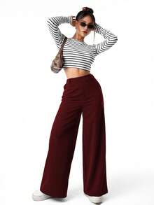 SHEIN Teen Girls' Casual Everyday Commute Minimalist Solid Color High Waist Loose Wide Leg Pants - Burgundy - View 4