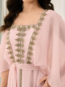 Lace Embroidered A-Line Dress With Shawl Collar, Waist Cinched, Suitable For Weddings, Proms, Birthdays, Parties, Valentine's Day - Pink - View 8